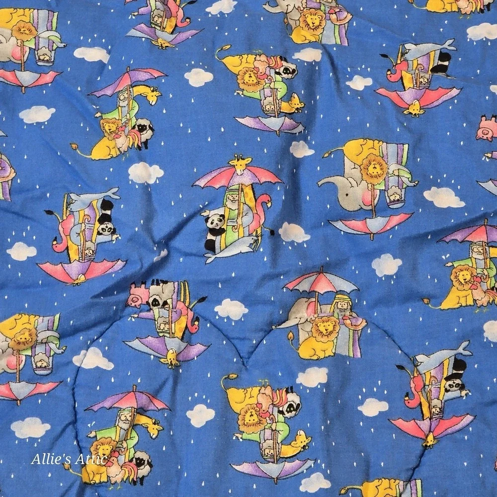 Noahs Ark Baby Quilt Blue Vintage Blanket Animals‎ Cotton Nursery Decor 50x38